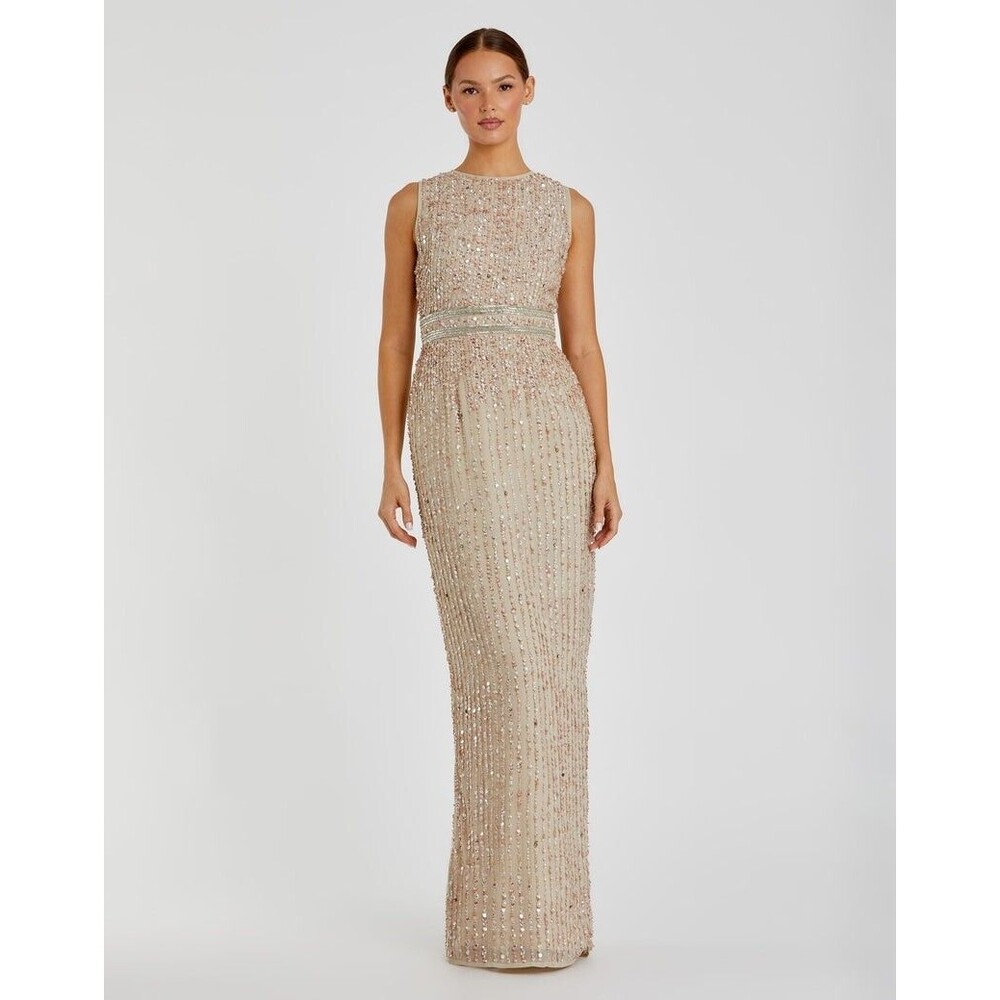 Mac Duggal 93603 Nude Sequined High Neck Sleeveless Column Gown Size 10